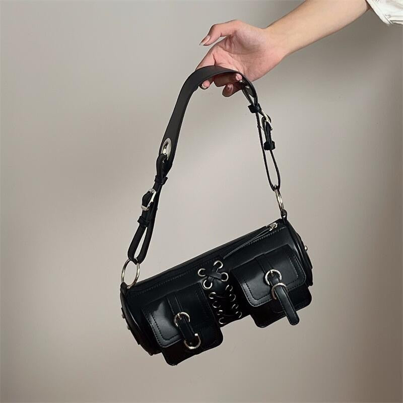 Realaiot Vintage Black Women Cylinder Underarm Bags Double Pocket Design Ladies Shoulder Bag Fashion Female PU Leather Purse Handbags