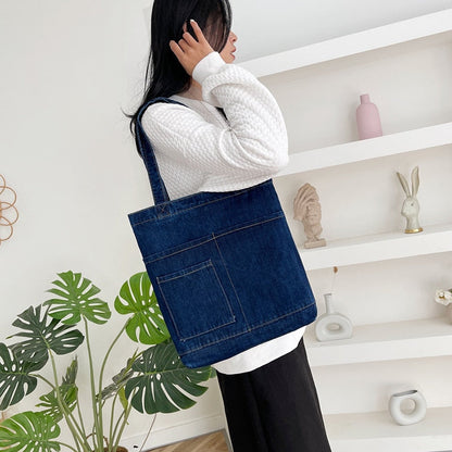 Realaiot Vintage Denim Splicing Shoulder Bag Fashion Student Class Bags Casual Large Capacity Canvas Tote Underarm Bag