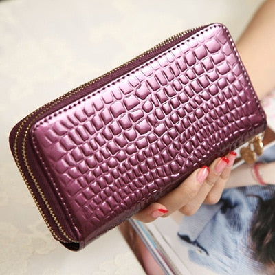 Realaiot Female Long Purse Fashion Bright Lacquered Coin Handbag Solid Color Double Zipper Larger Capacity Card Stone Pattern Long Wallet