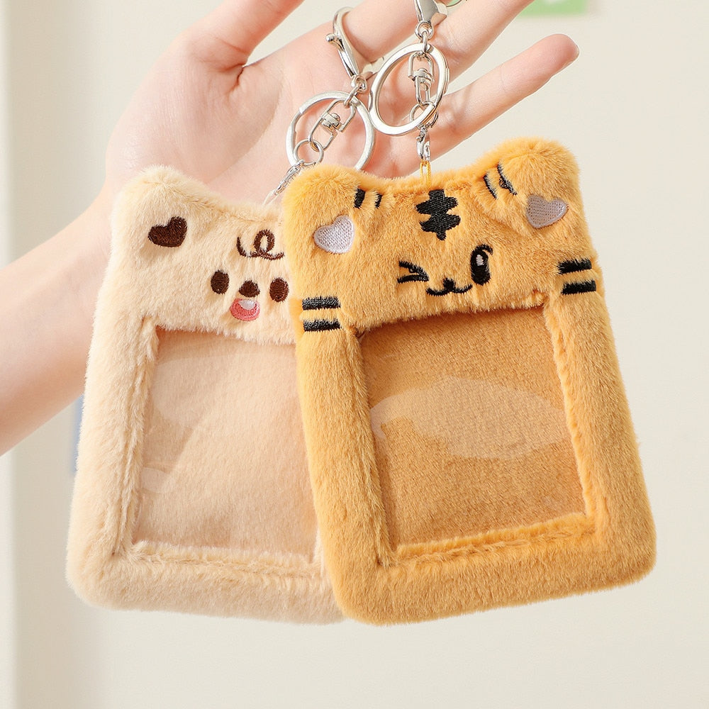 Realaiot Korea Cute Bear Rabbit Plush Photocard Holder Kawaii Kpop Idol Photo Sleeve Case ID Card Cover With Keychain Bag Pendant Decor