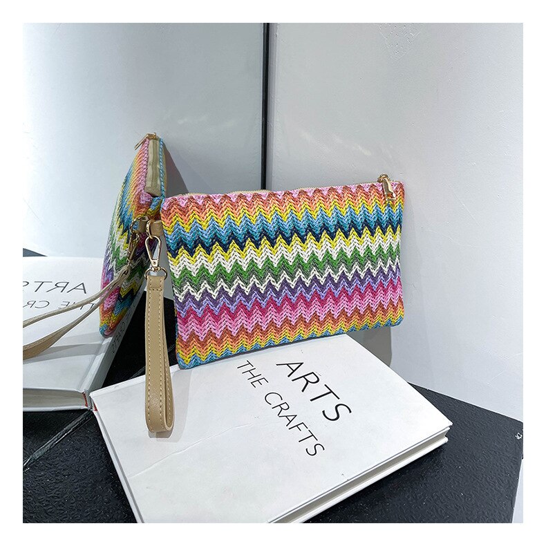 Realaiot Colorful Wave Straw Woven Bag Women's Flip Clutch Bag Summer Beach Handbag Hand-woven Bag Mobile Phone Bag Female Purse Wallet
