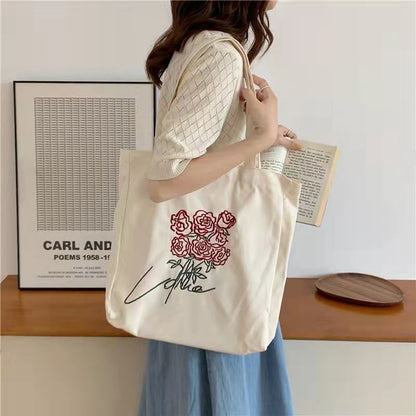 Realaiot Women Canvas Shoulder Bag Rose Printing Ladies Casual Handbag Tote Bag Large Capacity Cotton Reusable Shopping Beach Bag