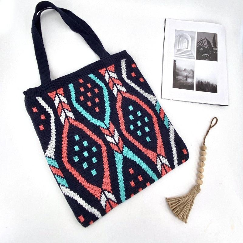 Realaiot Lady Knitting Gypsy Bohemian Boho Chic Aztec Handbag Women Crochet Woolen Open Shopper Top-handle Bag  for Female Tote Bags