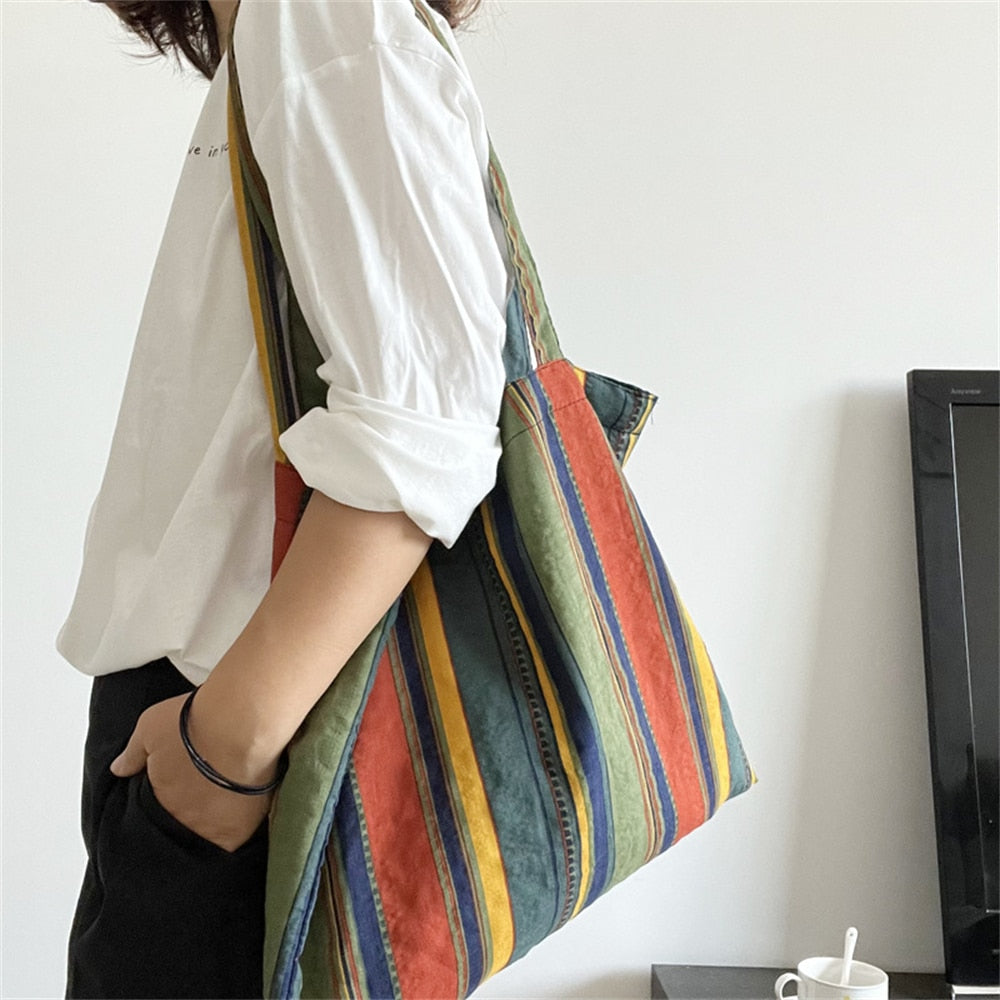 Cyflymder Retro Women's Canvas Shoulder Bag Rainbow Striped Linen Shopping Bag Eco Large Capacity Handbag Tote For Girls Christmas Gifts