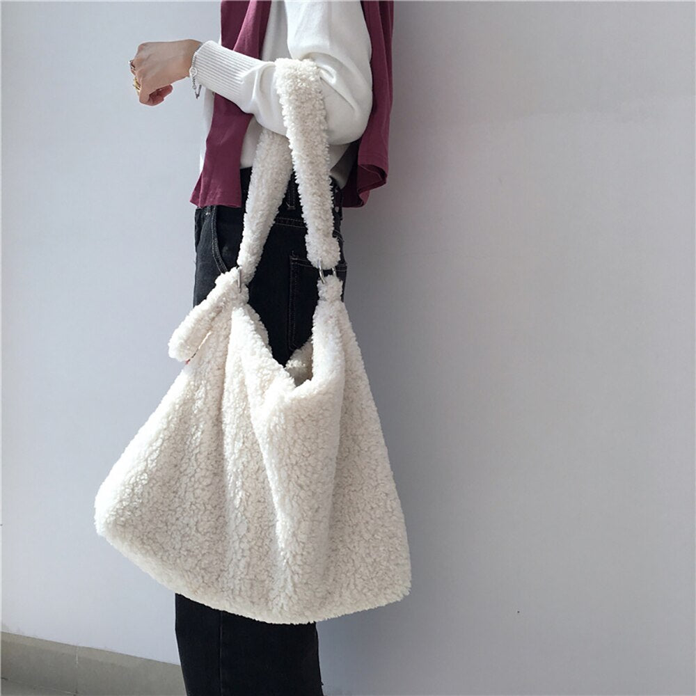 Realaiot Female Bag Soft Plush Aslant Bag Shoulder Bag Large Capacity Artificial Lambs Wool Women Design Casual Large Tote Shopping Sac