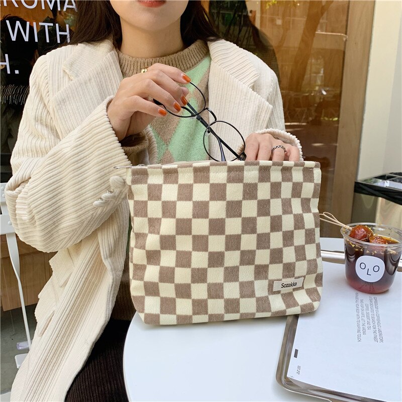 Realaiot Dot Women Cosmetic Bag Retro Design Ladies Storage Clutch Purse Bags Fashion Checkerboard Girls Student Small Handbags