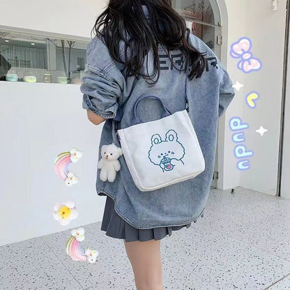 Realaiot Fashion Women Canvas Zipper Bag Cartoon Bear Print Student Tote Shoulder Messenger Bag Satchel Travel Purse Handbag New