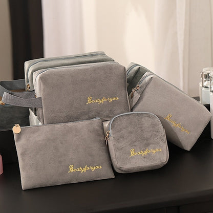 Realaiot 4pics Set Velvet Cosmetic Bag Ins Fashion Letter Embroidered Cosmetic Storage Bags Women Portable Travel Makeup Box