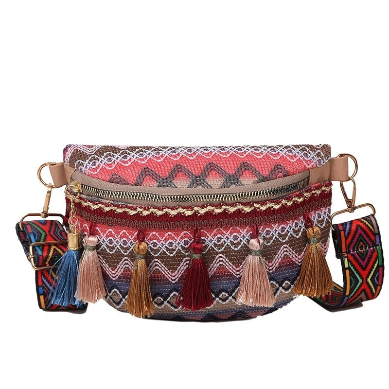 Realaiot Women Folk Style Waist Bags with Adjustable Strap Variegated Color Fanny Pack with Fringe Decor Pochete Feminina Ri?onera Belt