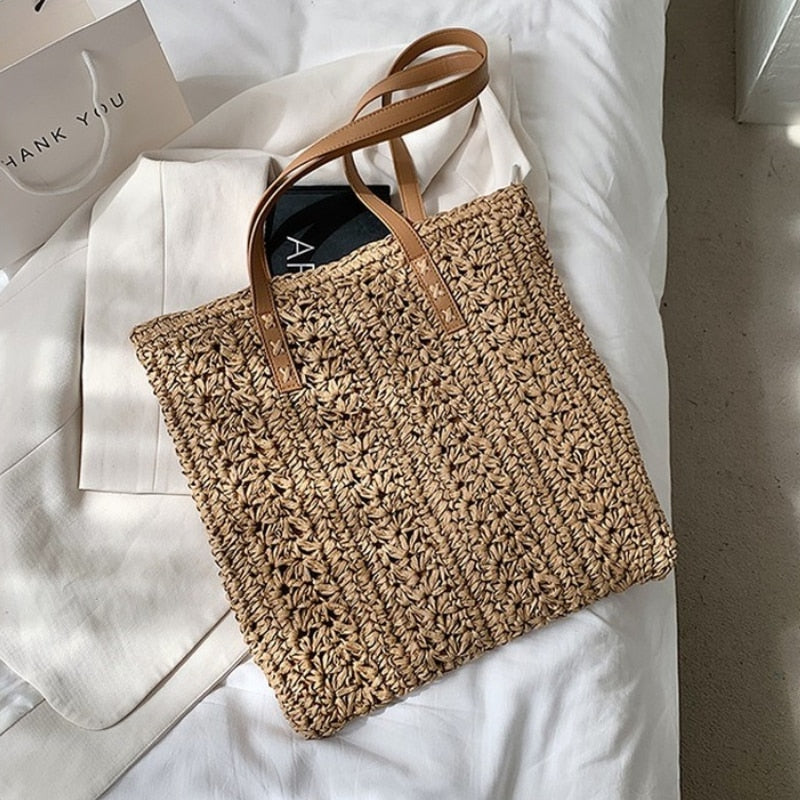 Realaiot Square Hollow Straw Beach Bag Handmade Woven Shoulder Bag Raffia Rattan Shopping Travel Bag Bohemian Summer Vacation Casual Tote