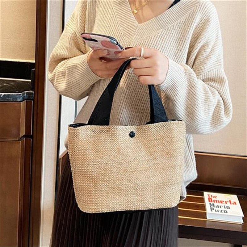 Realaiot Elegant Ladies Straw Woven Handbag Women Holiday Beach Casual Tote Top-Handle Bags Fashion Retro Shoulder Bags