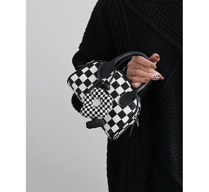 Realaiot Black White Plaid Boston Bag Checkerboard Small Handbags For Women With Flower Pendant Messenger Bag Female Womens Pouch