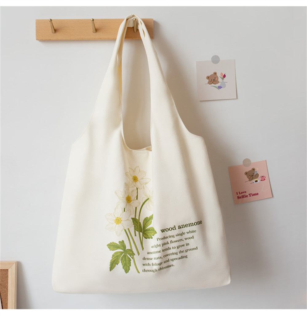 Realaiot White Canvas Vest Shopping Bags Illustration Eco Reusable Foldable Shoulder Bag Retro Large Capacity Tote Bag Women Handbag