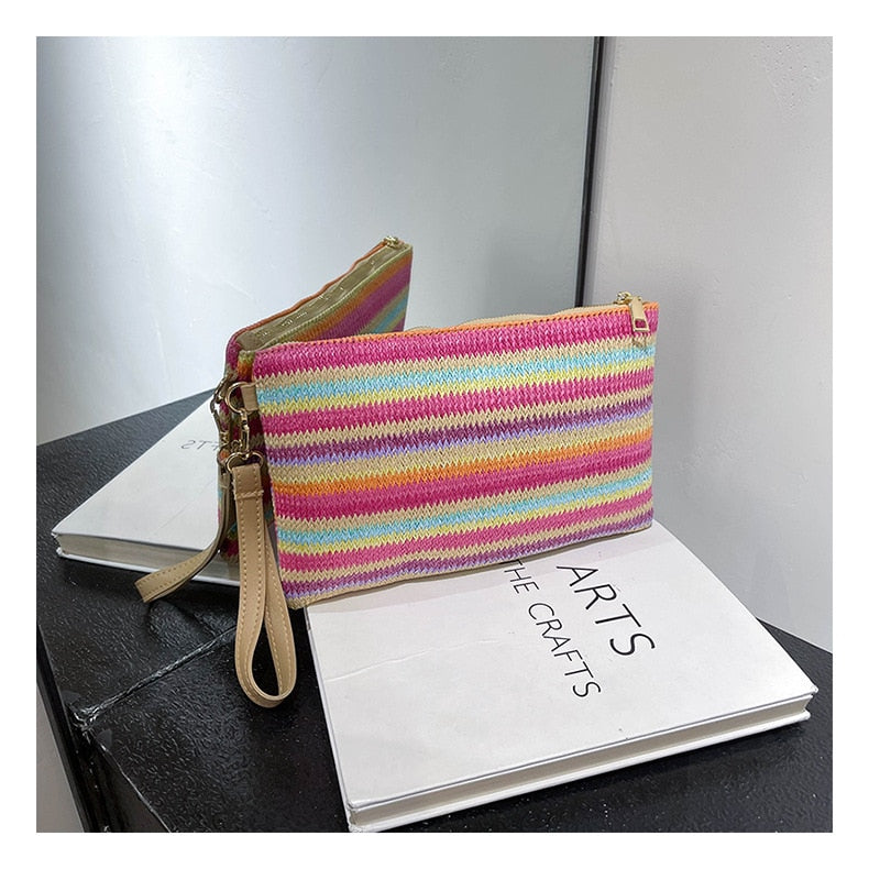 Realaiot Colorful Wave Straw Woven Bag Women's Flip Clutch Bag Summer Beach Handbag Hand-woven Bag Mobile Phone Bag Female Purse Wallet