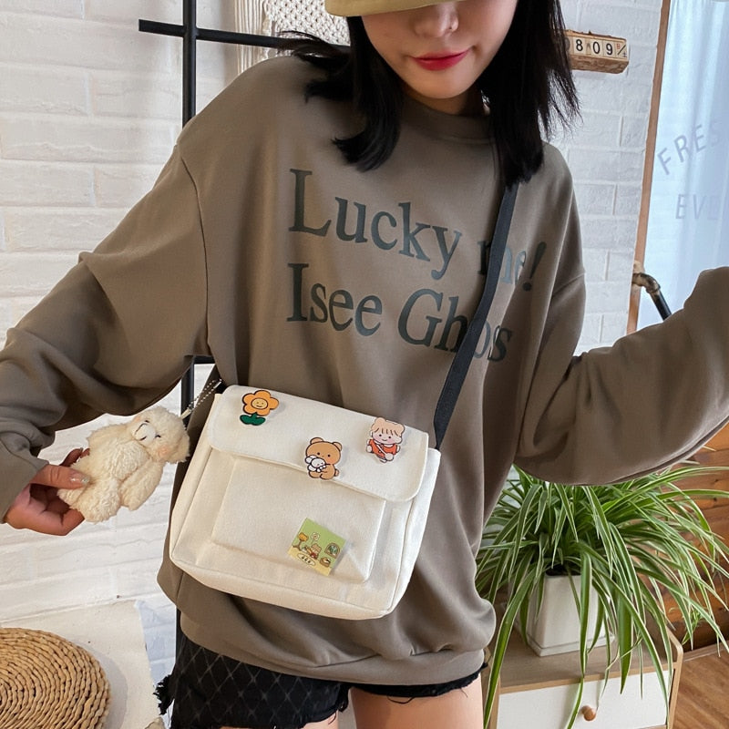 Realaiot Cute Canvas Small Bag Female New Japanese Harajuku Diagonal Bag Wild Student Girl Shoulder Bag Bags for Women