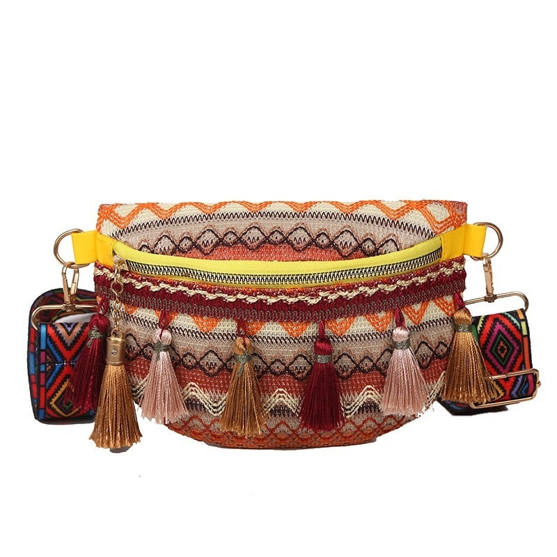 Realaiot Women Folk Style Waist Bags with Adjustable Strap Variegated Color Fanny Pack with Fringe Decor Pochete Feminina Ri?onera Belt