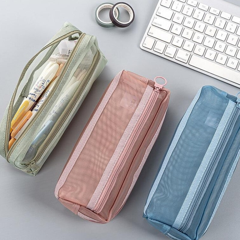 Realaiot Transparent Mesh Pencil Bag Large Capacity Stationery Holder Round Zipper Pencil Pouch Pen Case Students School Supplies