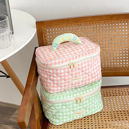 Cyflymder Plaid Pattern Toiletries Case Flip Makeup Bag With Zipper Quilted Cotton Cosmetics Storage Box For Woman And Girls