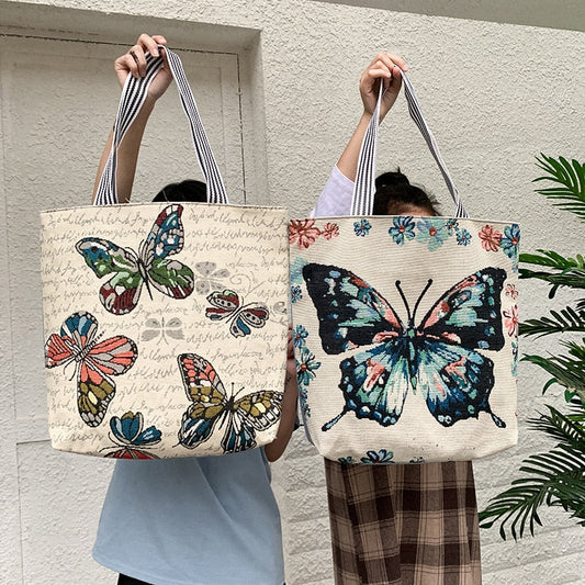 Realaiot Fresh Butterfly Printed Tote Bag For Women Linen Faric Bag Ladies Shoulder Bag Outdoor Casual Tote Foldable Shopping Bag