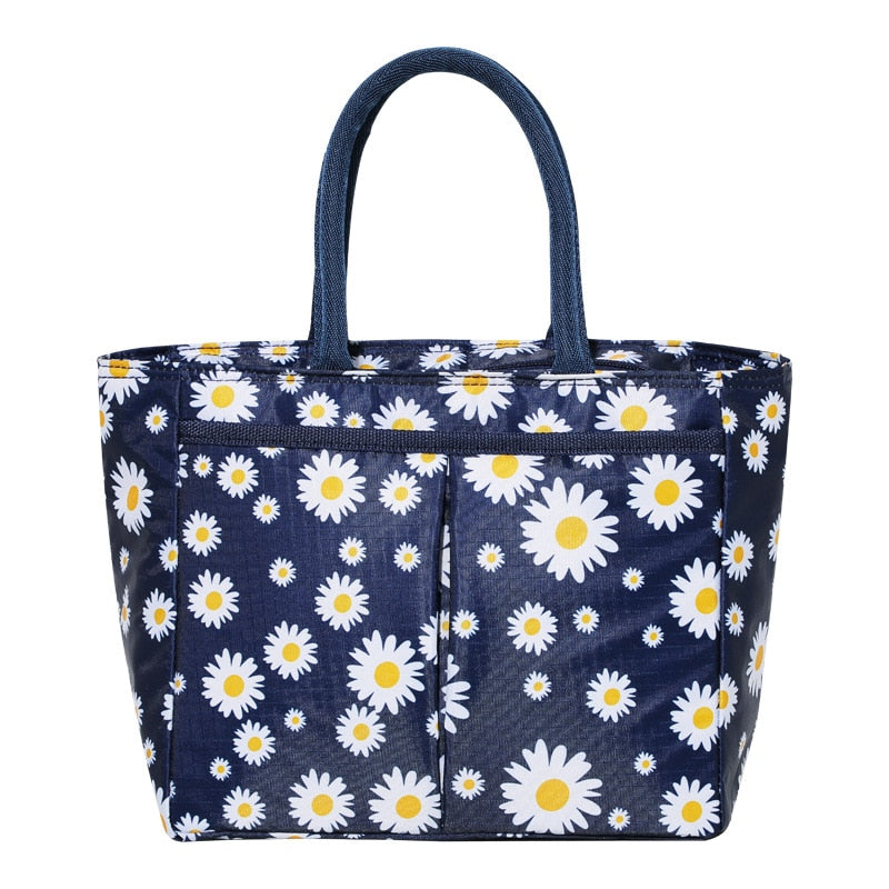 Cyflymder Oxford Cloth Large Capacity Thermal Lunch Bag Daisy Printed Food Bento Insulated Pouch Picnic Breakfast Cooler Bags for School