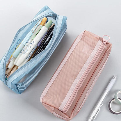 Realaiot Transparent Mesh Pencil Bag Large Capacity Stationery Holder Round Zipper Pencil Pouch Pen Case Students School Supplies