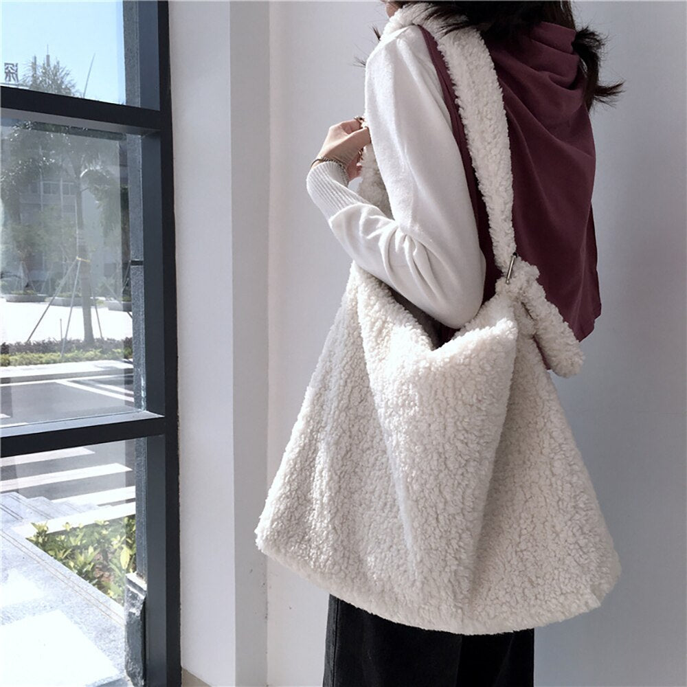 Realaiot Female Bag Soft Plush Aslant Bag Shoulder Bag Large Capacity Artificial Lambs Wool Women Design Casual Large Tote Shopping Sac