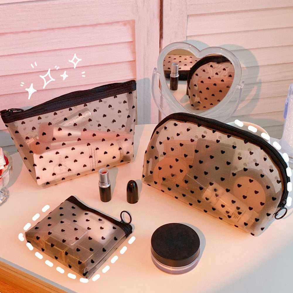 Realaiot Fashion Mesh Cosmetic Makeup Bags Case Holder Pouch Convenient To Carry Transparent Zipper Black Heart Printed Pencil Pen Case