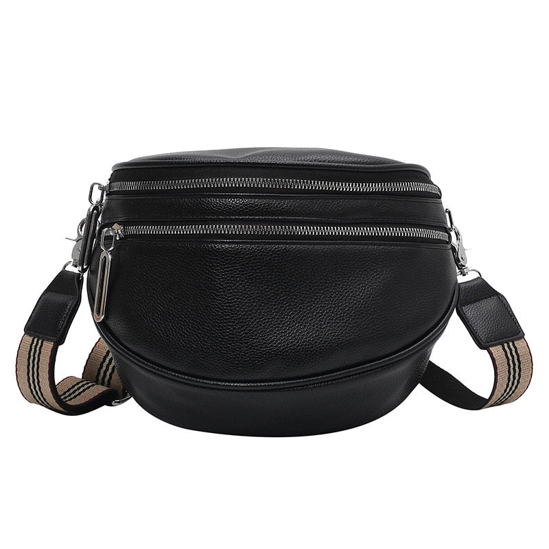 Realaiot Elegant Solid Colour PU Leather Waist Bags For Women Double Zippers Design Waist Pack Female Fanny Pack Wide Strap Crossbody Bag