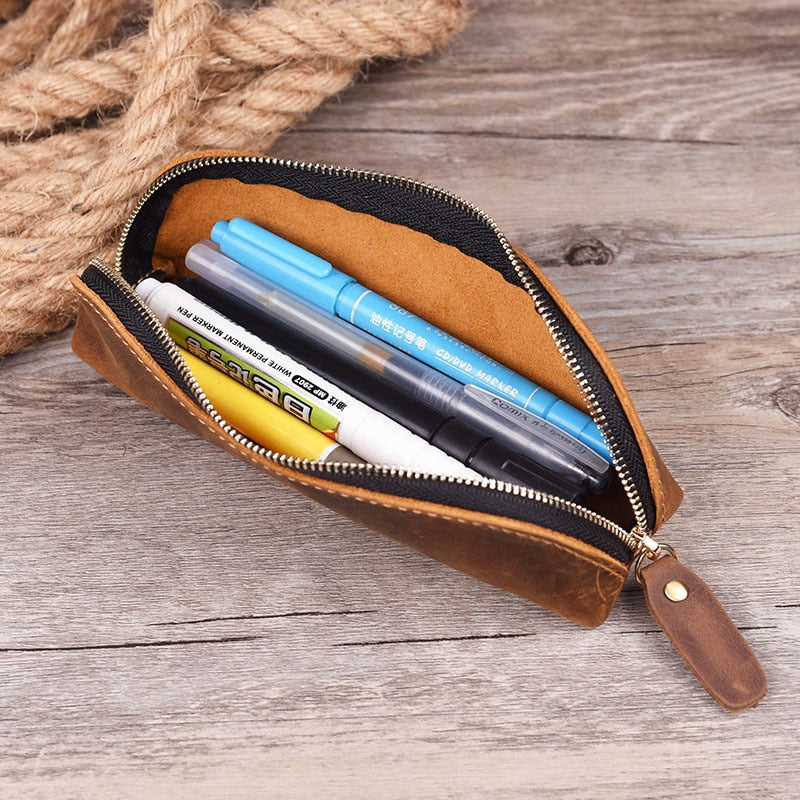 Realaiot Handmade Genuine Leather Pencil Bag Retro Simple Stationery Holder Pen Case Storage Bag Zipper Pencil Pouch Glasses Case