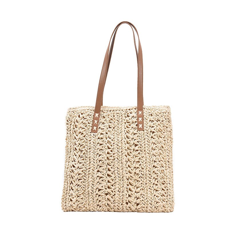 Realaiot Square Hollow Straw Beach Bag Handmade Woven Shoulder Bag Raffia Rattan Shopping Travel Bag Bohemian Summer Vacation Casual Tote