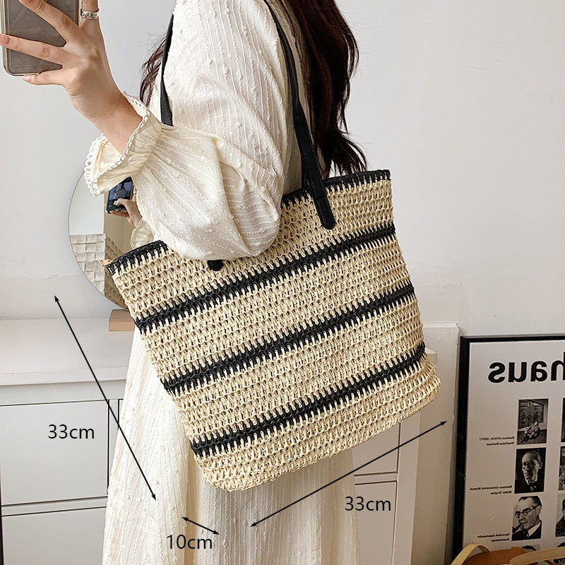 Realaiot Summer Large Capacity Straw Woven Shoulder Bag Hollow Design Beach Bags Travel Casual Lady Shopping Totes Fashion Clutch Handbag