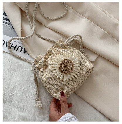 Realaiot Creative Design Women Beach Straw Bags Classic Texture Chic Sunflower Drawstring Woven Bucket Crossbody Shoulder Messenger Pouch