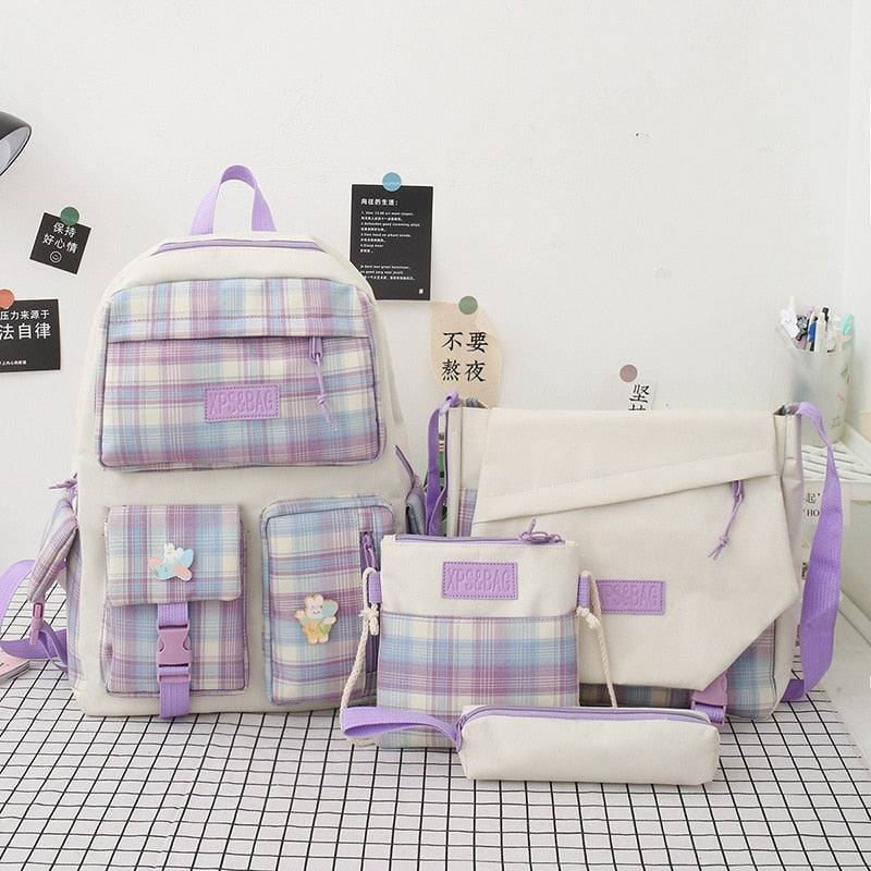 Realaiot 4 In 1 Pcs Set Canvas Backpack New Korean Junior High School Bags for Teenager Girls Mochilas Para Mujer