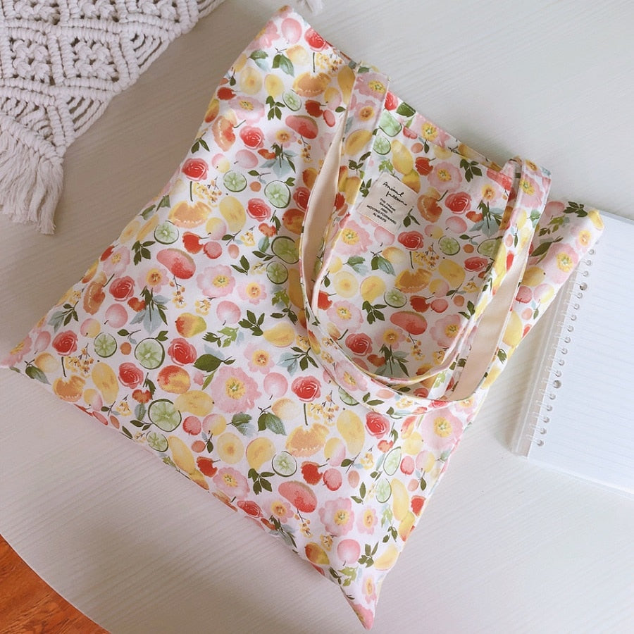 Realaiot Women Canvas Shopping Bag Floral Print Books Bag Female Cotton Cloth Shoulder Bag Eco Handbag Tote Reusable Grocery Shopper Bags