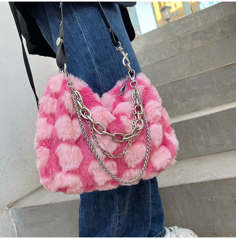 Realaiot Y2k Hot Girls Pink Love Underarm Bags Soft Plush Heart Pattern Ladies Shoulder Bag Female Chain Furry Crossbody Bag Handbags