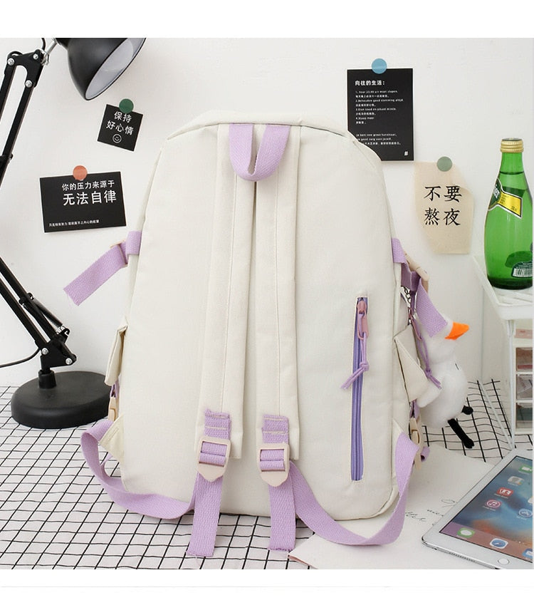 Realaiot 4pcs Set Harajuku Women's Backpack Waterproof Canvas School Bags Large Capacity Student Backpack Bookbag Pure Color Mochila Tote