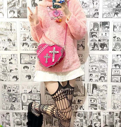 Realaiot Japanese Gothic Shoulder Bag Female Harajuku Y2K Kawaii Heart Lolita Crossbody Bag For Women Punk Rivet Cross Cute Purse