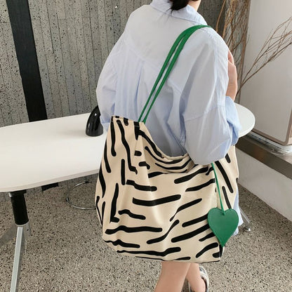 Realaiot Women Canvas Shoulder Bag Zebra Stripes Print Ladies Casual Handbag Tote Bag Large Capacity Cotton Reusable Shopping Beach Bag