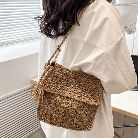 Realaiot Summer Beach Straw Bag Design Women Shoulder Bag Straw Messenger Crossbody Bag Raffia Hollow Woven Handbag Phone Purse Vacation