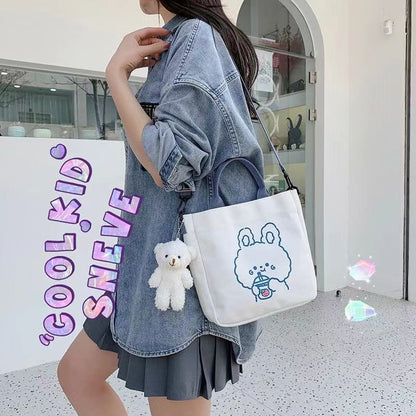 Realaiot Fashion Women Canvas Zipper Bag Cartoon Bear Print Student Tote Shoulder Messenger Bag Satchel Travel Purse Handbag New