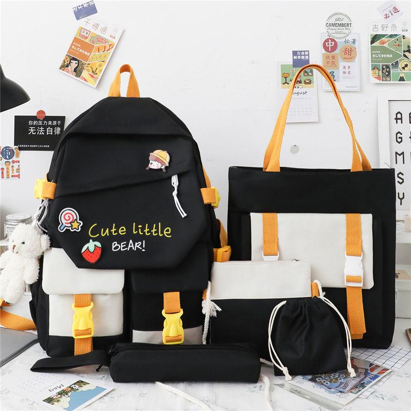 Realaiot 5 PCS Backpack for Middle School Students Female Korean Version Large Capacity Schoolbag for Grade 3-6 Primary School Students