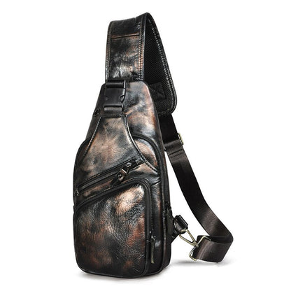 Realaiot Top Quality Crazy horse Leather Triangle Crossbody Chest Sling Bag For Men Design Travel One Shoulder Bag Daypack Male