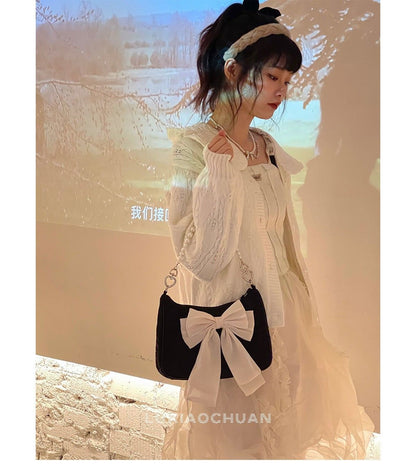 Realaiot Vintage Bowknot Women Underarm Bags Faux Pearl Chain Ladies Shoulder Crossbody Bag Female Soft Nylon Purse Small Tote Handbags