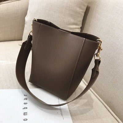 Realaiot Solid Color Pu Leather Crossbody Bags For Women Bucket Bags New Lady Handbags With Wide Belt Travel Shoulder Bags Casual