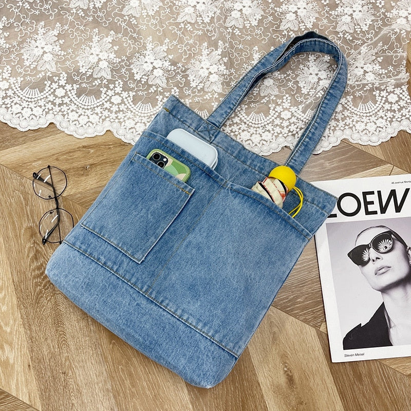 Realaiot Vintage Denim Splicing Shoulder Bag Fashion Student Class Bags Casual Large Capacity Canvas Tote Underarm Bag