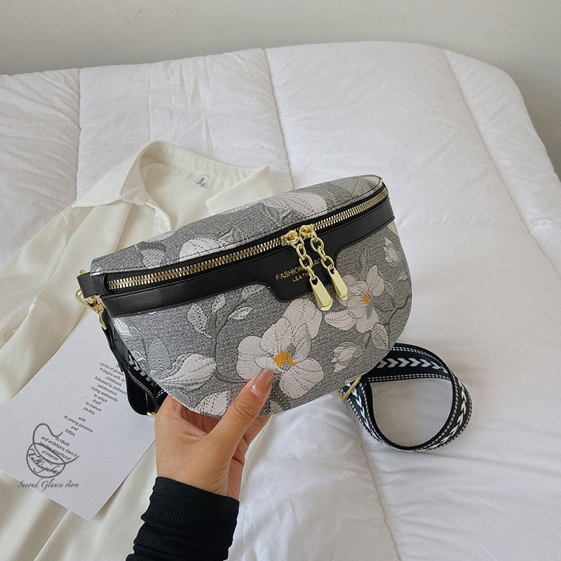 Realaiot Elegant Flower Printed PU Leather Waist Bags For Women Chain Zipper Waist Pack Female Fanny Pack Wide Strap Crossbody Chest Bag