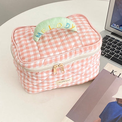 Cyflymder Plaid Pattern Toiletries Case Flip Makeup Bag With Zipper Quilted Cotton Cosmetics Storage Box For Woman And Girls