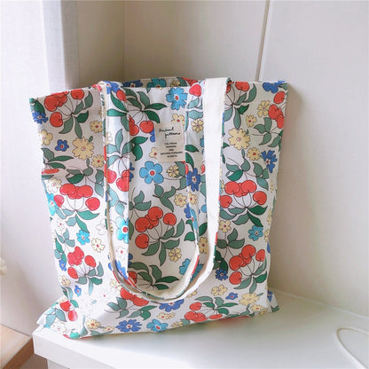 Realaiot Women Canvas Shopping Bag Floral Print Books Bag Female Cotton Cloth Shoulder Bag Eco Handbag Tote Reusable Grocery Shopper Bags