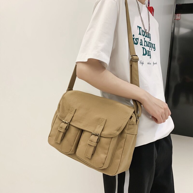 Realaiot Casual Canvas Women Shoulder Bags Female School Messenger Bags Multi Pocket Flap Buckle Unisex College Student Crossbody Bookbag