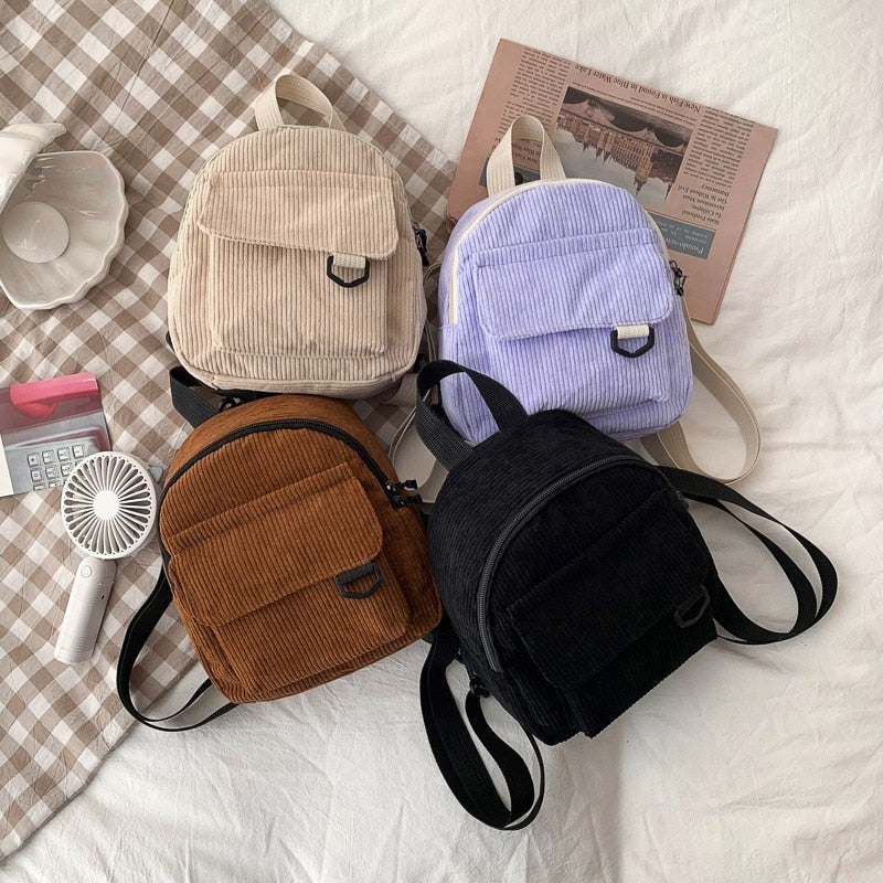 Realaiot Fashion Women Mini Backpack Solid Color Corduroy Small Backpacks Simple Casual Student Bookbags Traveling Backpacks